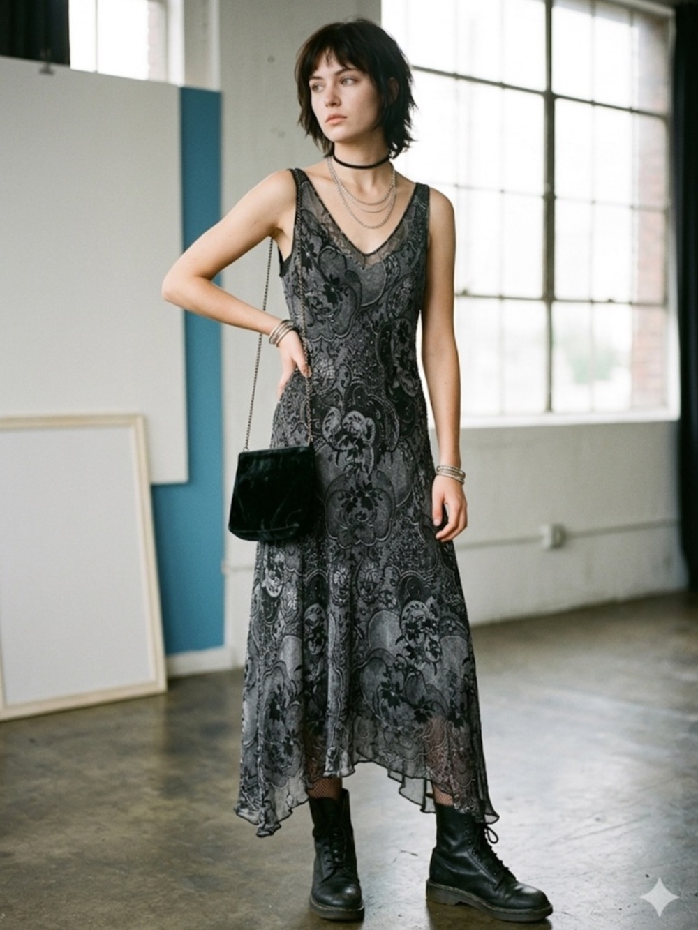 WHBM 100% Silk Beaded Paisley Midi Dress Asymmetrical Hem Black Grey Size 4